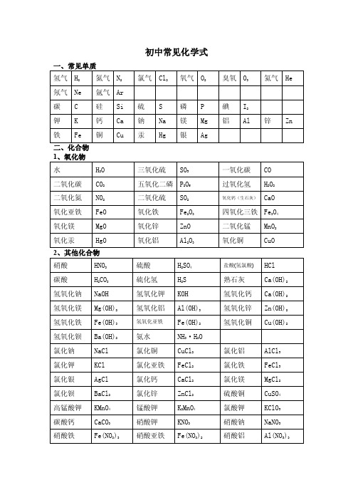 初中常见化学式