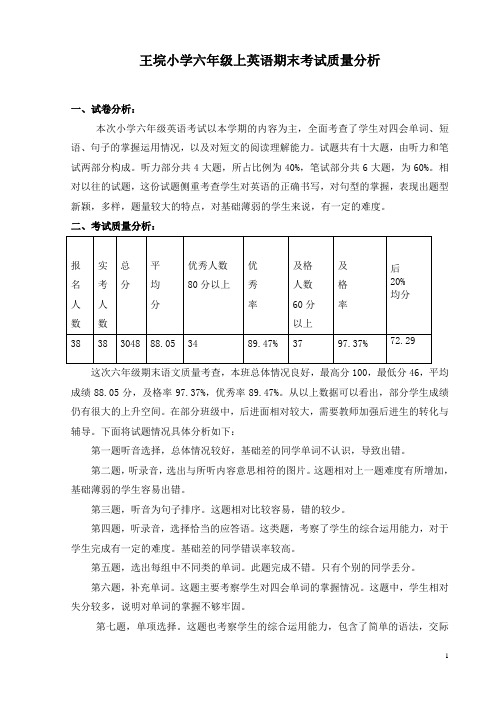 王垸小学六年级上英语期末考试质量分析