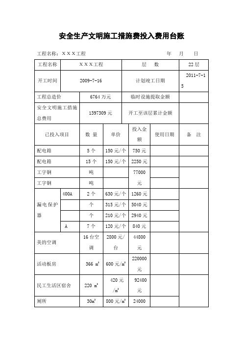 安全生产文明施工措施费投入费用台账