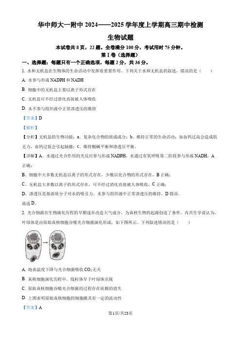 湖北省武汉市华中师范大学第一附属中学2024-2025学年高三上学期11月期中生物试题(解析版)