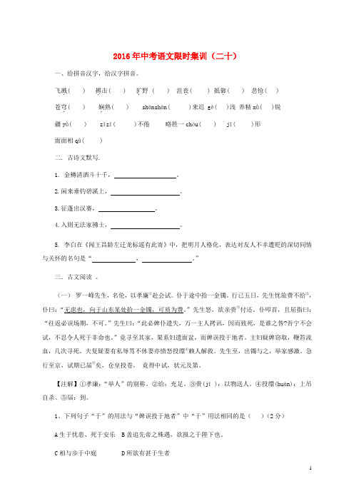 山西省太原北辰双语学校中考语文限时集训(二十)