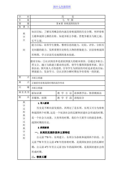 初中七年级历史上册教案：6 春秋战国的纷争