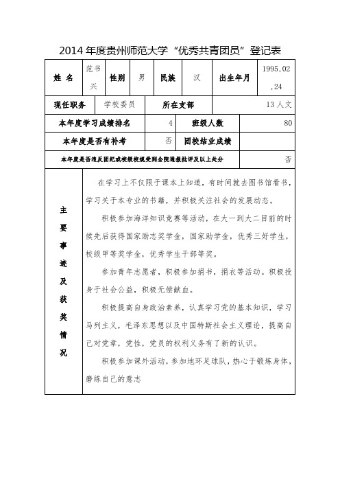 “优秀共青团员”登记表