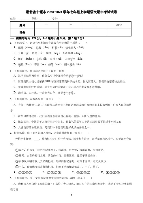 湖北省十堰市2023-2024学年七年级上学期语文期中考试试卷 (含答案)