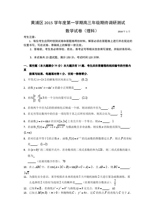 2016届上海市黄浦区高三一模(理科)数学试题及答案