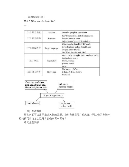 初一英语下册unit 7 what does he look like 教案