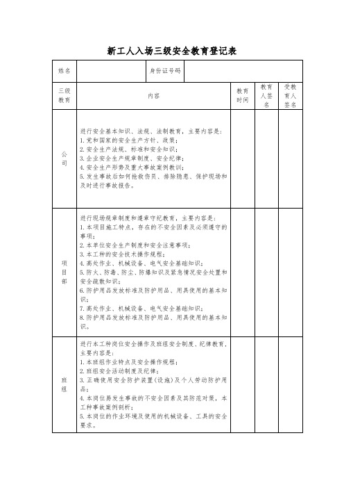 建筑施工新工人入场三级安全教育登记表