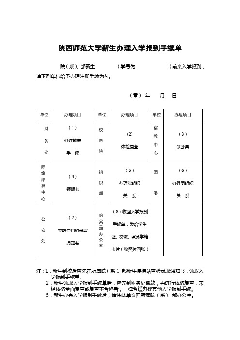 陕西师范大学 新生办理入学报到手续单