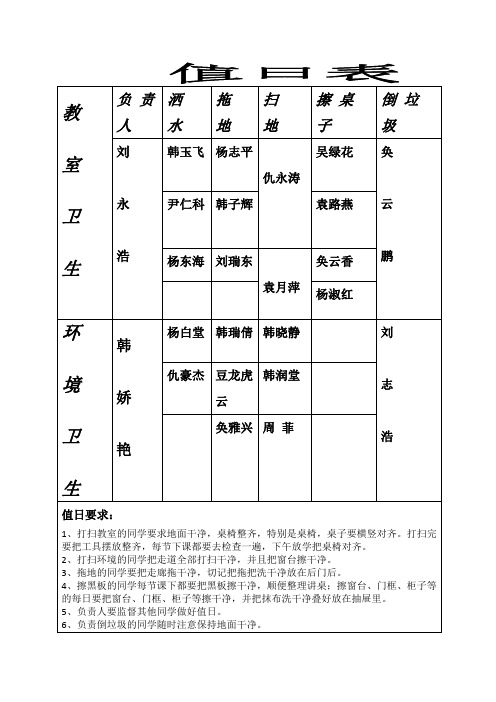 三年级值日表