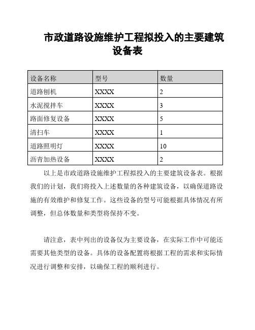 市政道路设施维护工程拟投入的主要建筑设备表