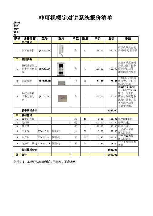 非可视楼宇对讲报价清单