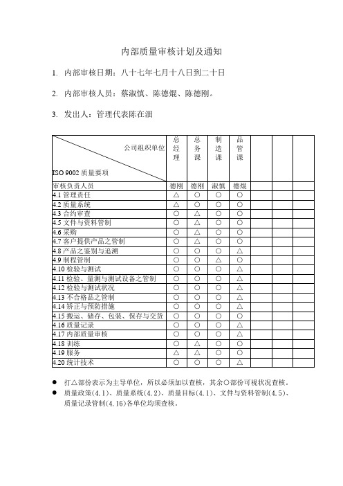 内部质量审核计划及通知