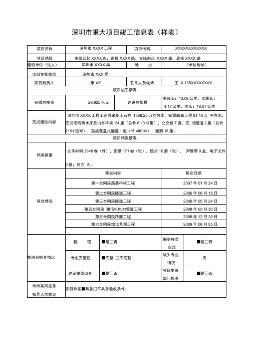 深圳市重大项目竣工信息表