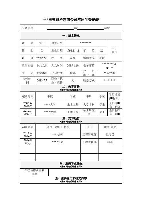 中电建路桥东南公司应届生登记表【模板】