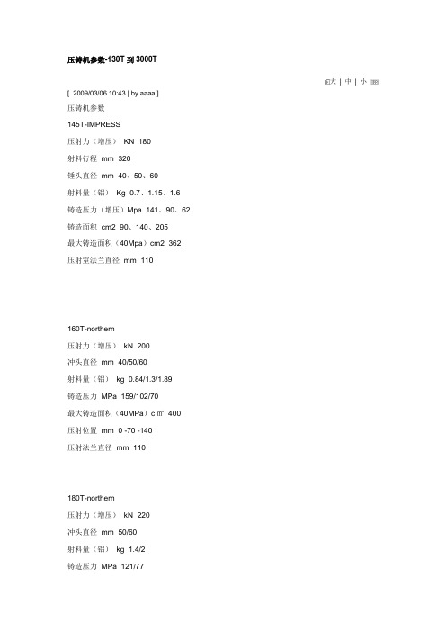 压铸机参数-130T到3000T