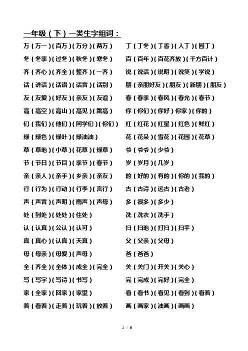 人教版一年级语文下册一类字整理大全