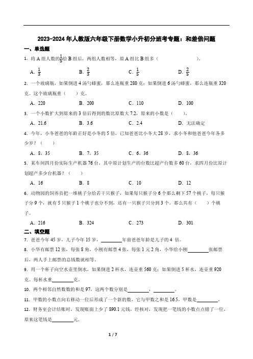 2023-2024年人教版六年级下册数学小升初分班考专题：和差倍问题(带答案)