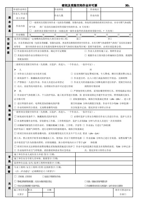 密闭及受限空间作业许可票(范本)