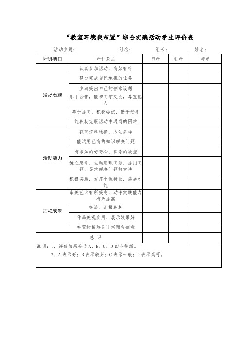 “教室环境我布置”综合实践活动学生评价表