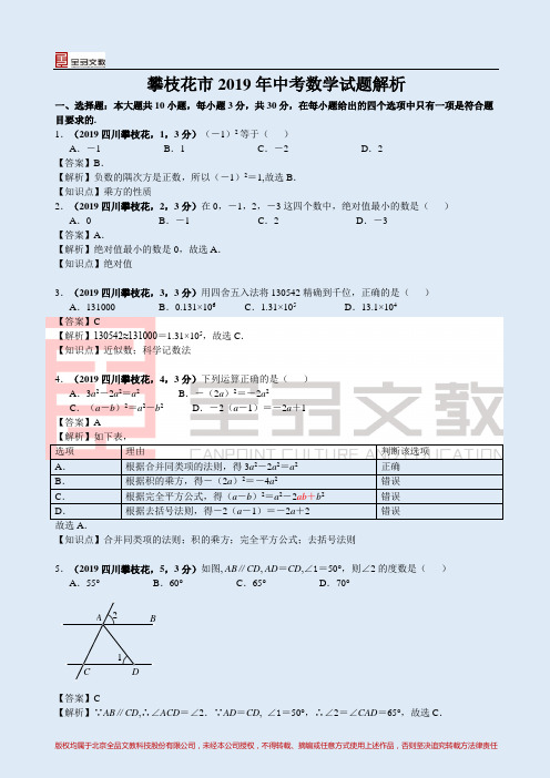 2019四川攀枝花中考数学解析