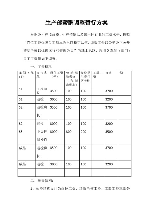 生产部薪酬调整暂定方案