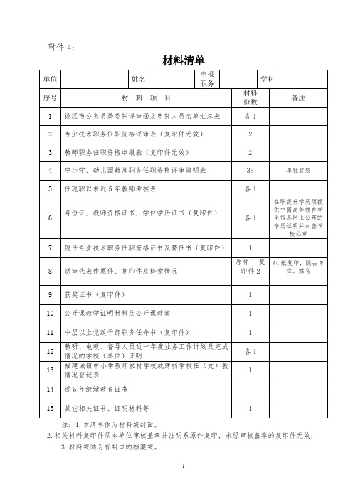 档案袋材料清单