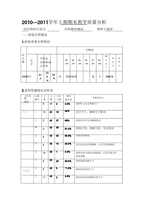 四年级上期期末语文教学质量分析表