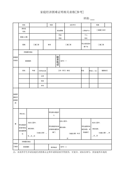 家庭经济困难证明相关表格[参考]