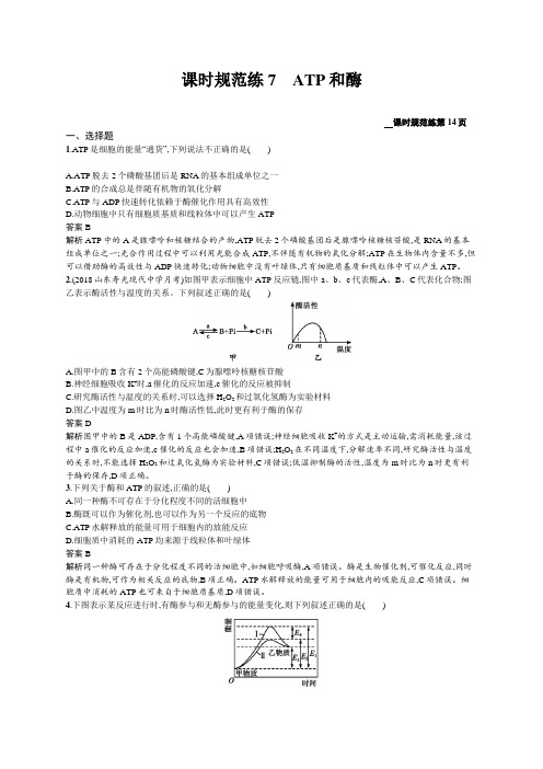 2020版高考生物(苏教版)一轮复习课时规范练7ATP和酶Word版含解析