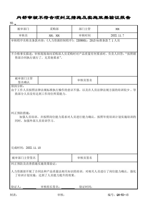 食品公司采购部采购产品质量要求提问内部审核不符合项纠正措施及实施效果验证报告