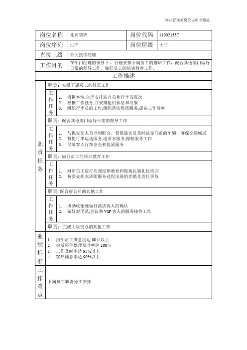 物业管理类岗位说明书礼宾领班