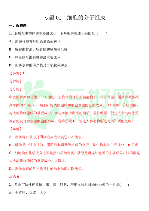 专题01 细胞的分子组成-2021年高考生物一轮复习专题验收(解析版)