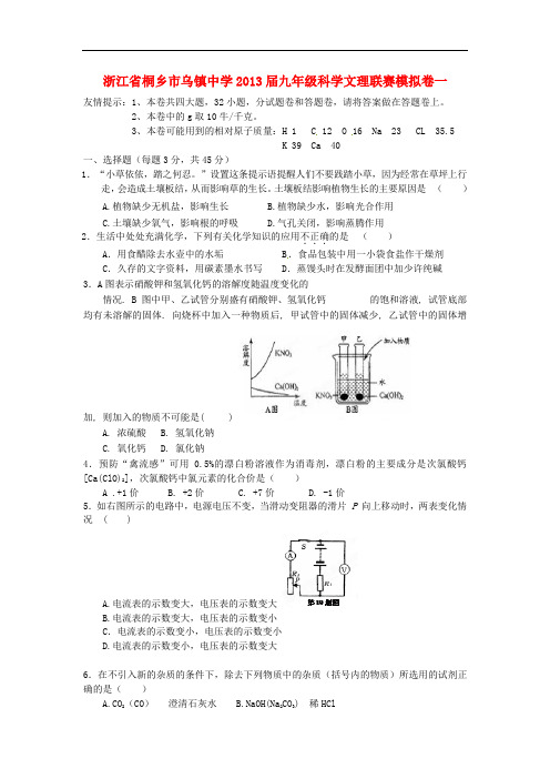 浙江省桐乡市九年级科学文理联赛模拟卷一