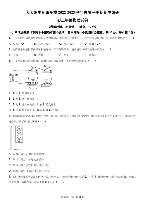 2022-2023学年北京市人大附中朝阳学校九年级上学期期中考试调研物理试卷含详解