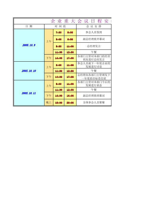 企业重大会议日程安排提醒表Excel模板