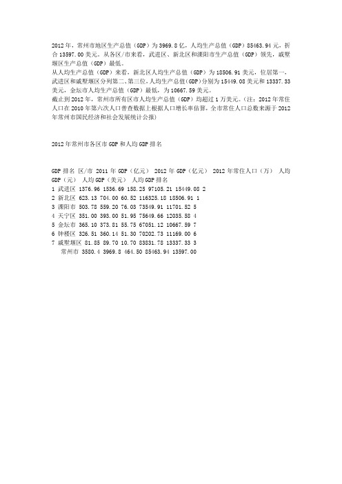 2012年常州区县GDP,人均GDP