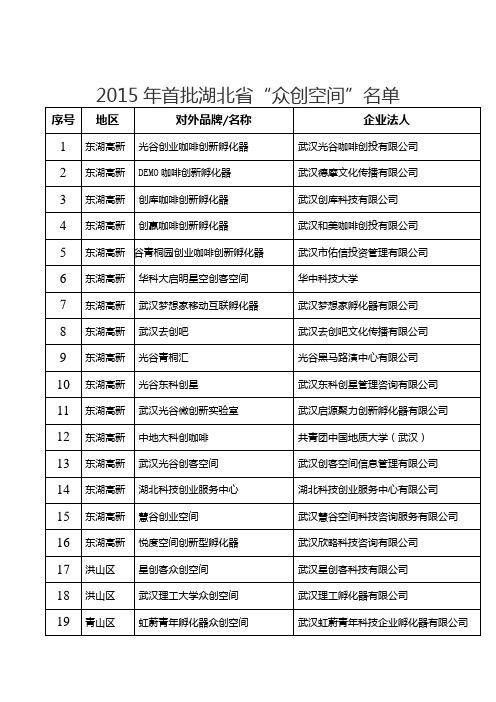 2015年首批湖北省“众创空间”名单