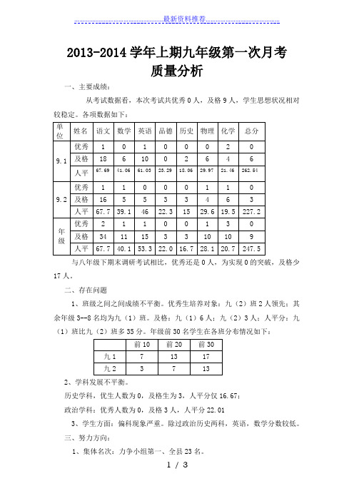 九年级第一次月考质量分析