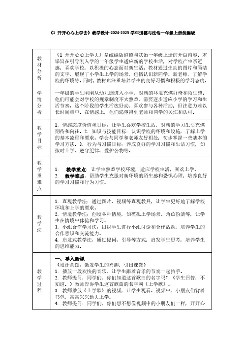 《1 开开心心上学去》教学设计-2024-2025学年道德与法治一年级上册统编版