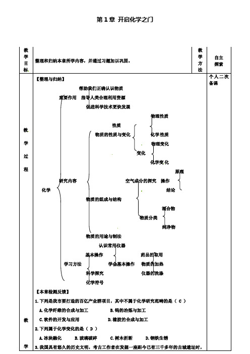 九年级化学全册：第一章开启化学：门复习课教案新版