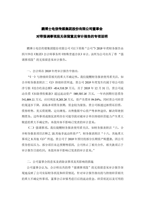 鹏博士：董事会对带强调事项段无保留意见审计报告的专项说明