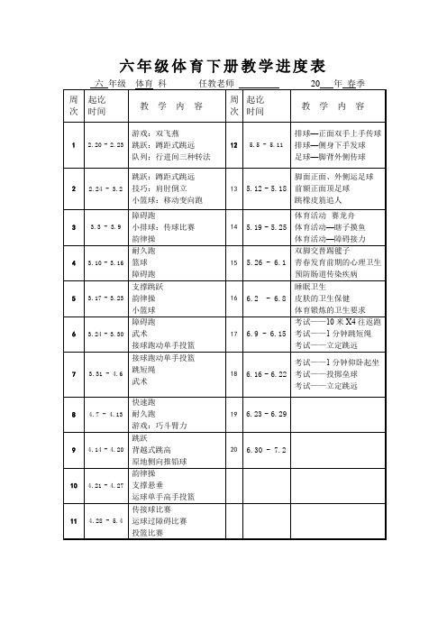 六年级体育下册教学进度表