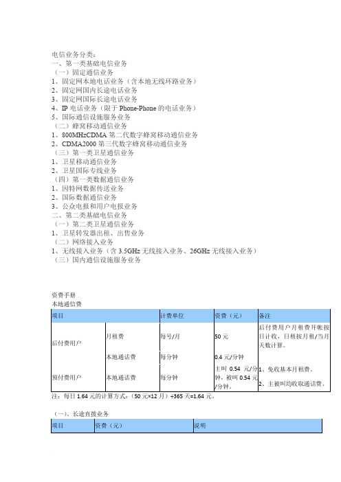 中国电信业务分类及资费