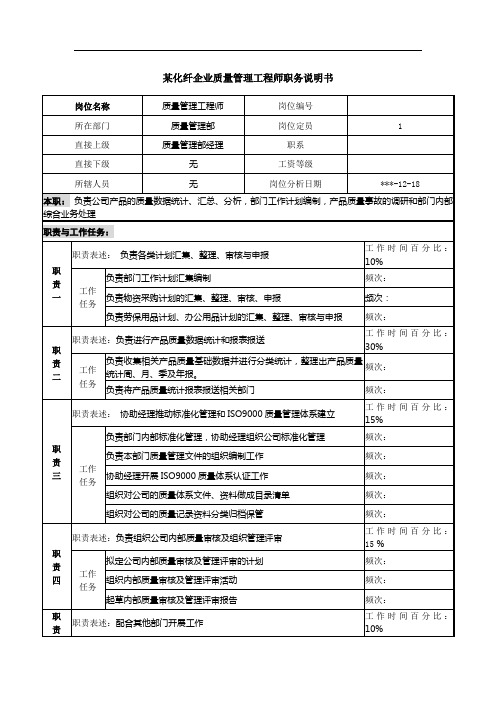 某化纤企业质量管理工程师职务说明书.doc