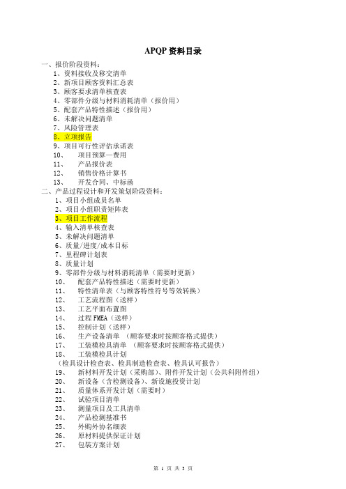 APQP资料目录