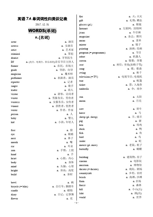 鲁教版七年级英语上册单词词性归类表