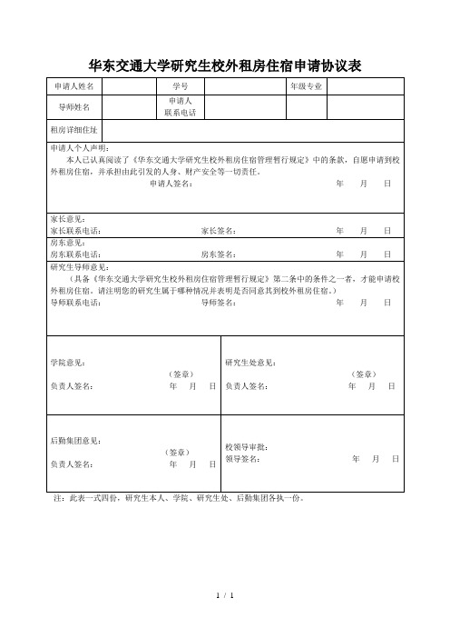 华东交通大学研究生校外租房住宿申请协议表