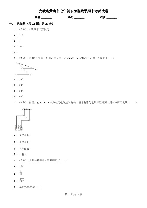 安徽省黄山市七年级下学期数学期末考试试卷