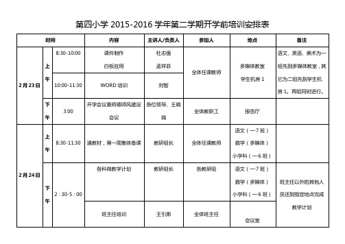 2015-2016第二学期开学培训安排表