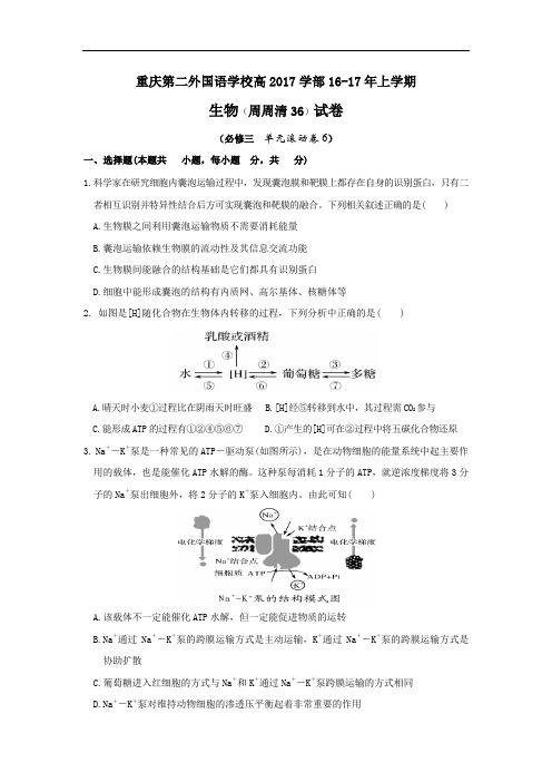 四川外语学院重庆第二外国语学校2017届高三上学期周周清(36)生物试题 Word版含答案